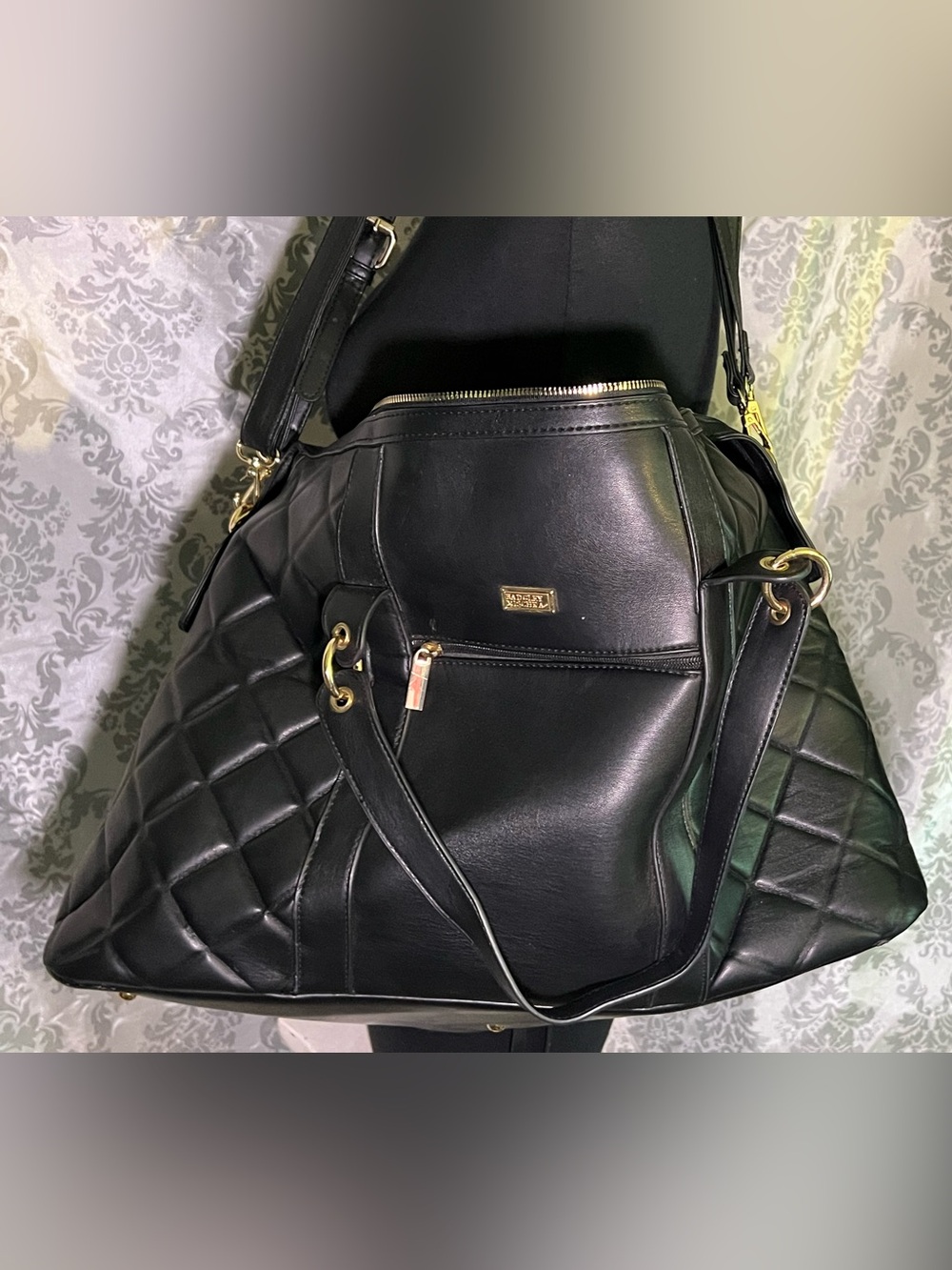 Badgley Mischka Black Quilted Weekender Tote with Gold Accents